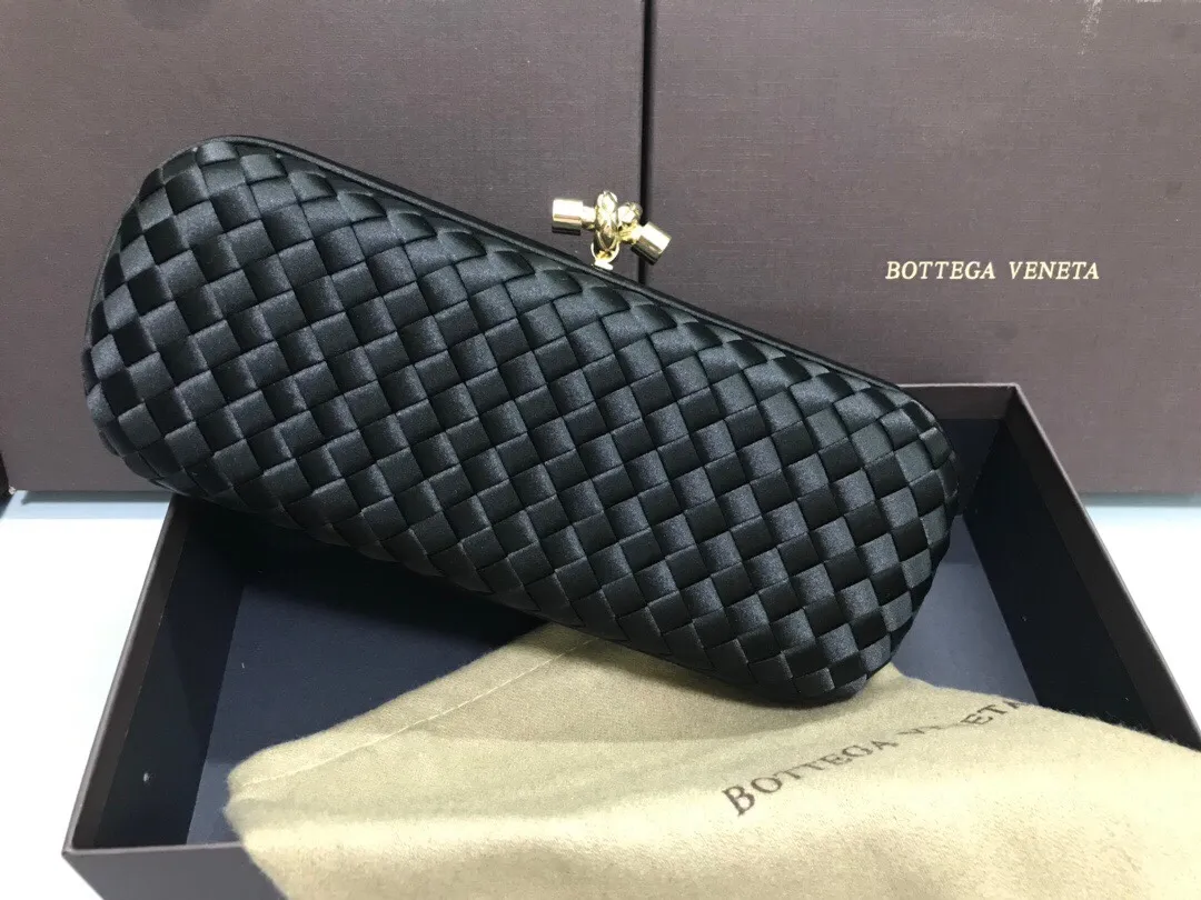 Style No. 8651, upgraded version of full silk evening bag inside and outside~~~INTRECCIATO woven IMPERO STRETCH KNOT clutch bag, hand-woven silk, smooth satin piping, Intrecciato engraved metal buckle, silk satin lining. Large size: 25cm*10cm*5cm